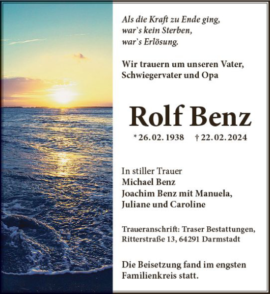 Traueranzeige von Rolf Benz von Darmstädter Echo