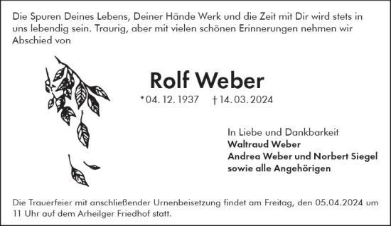 Traueranzeige von Rolf Weber von Darmstädter Echo