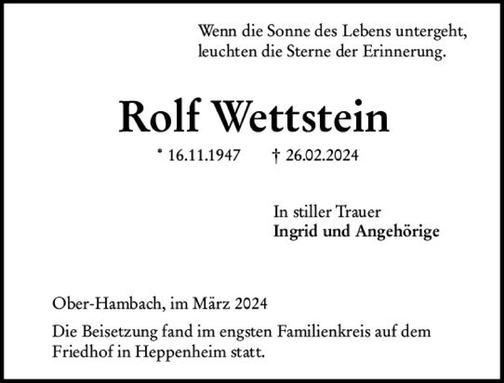  Traueranzeige für Rolf Wettstein vom 23.03.2024 aus Starkenburger Echo