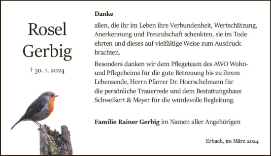 Traueranzeige von Rosel Gerbig von Odenwälder Echo