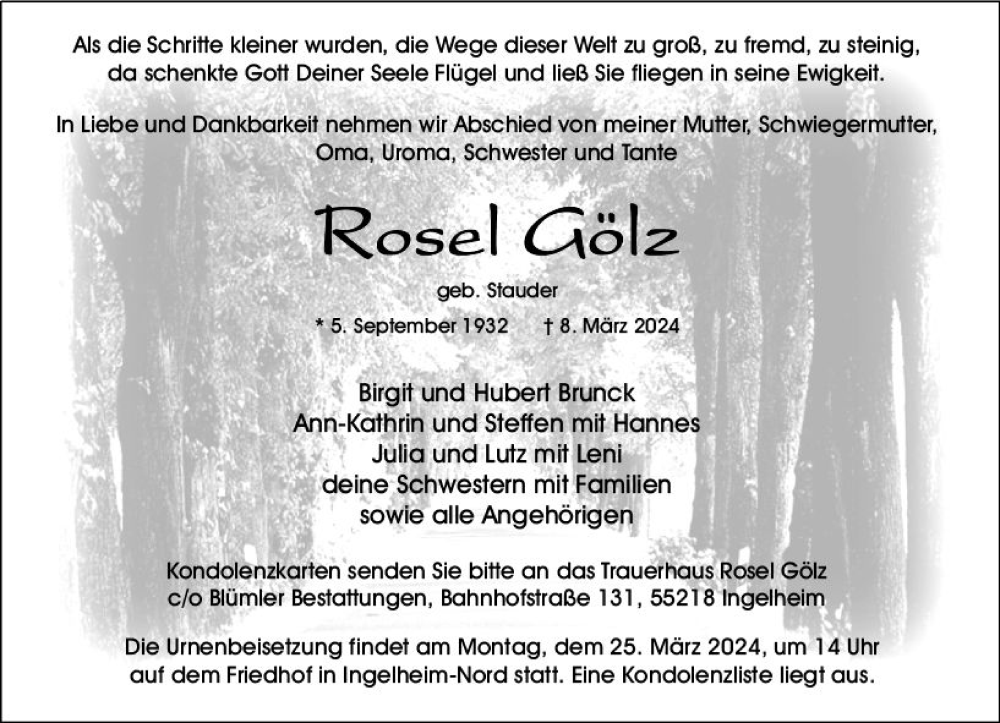 Traueranzeige für Rosel Gölz vom 16.03.2024 aus Allgemeine Zeitung Bingen/Ingelheim