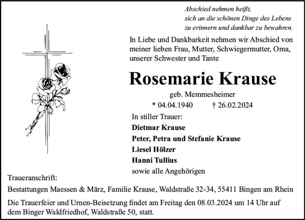  Traueranzeige für Rosemarie Krause vom 02.03.2024 aus Allgemeine Zeitung Bad Kreuznach