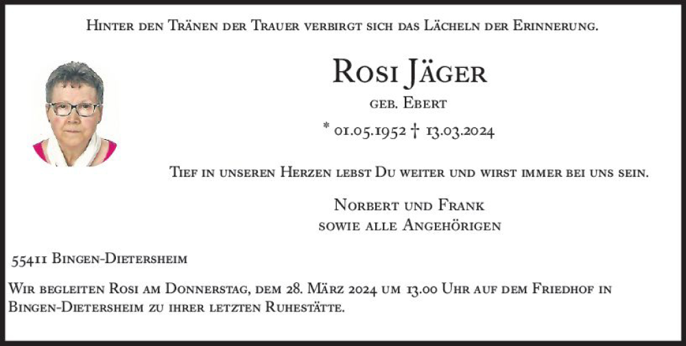 Traueranzeige für Rosi Jäger vom 23.03.2024 aus Allgemeine Zeitung Bingen/Ingelheim