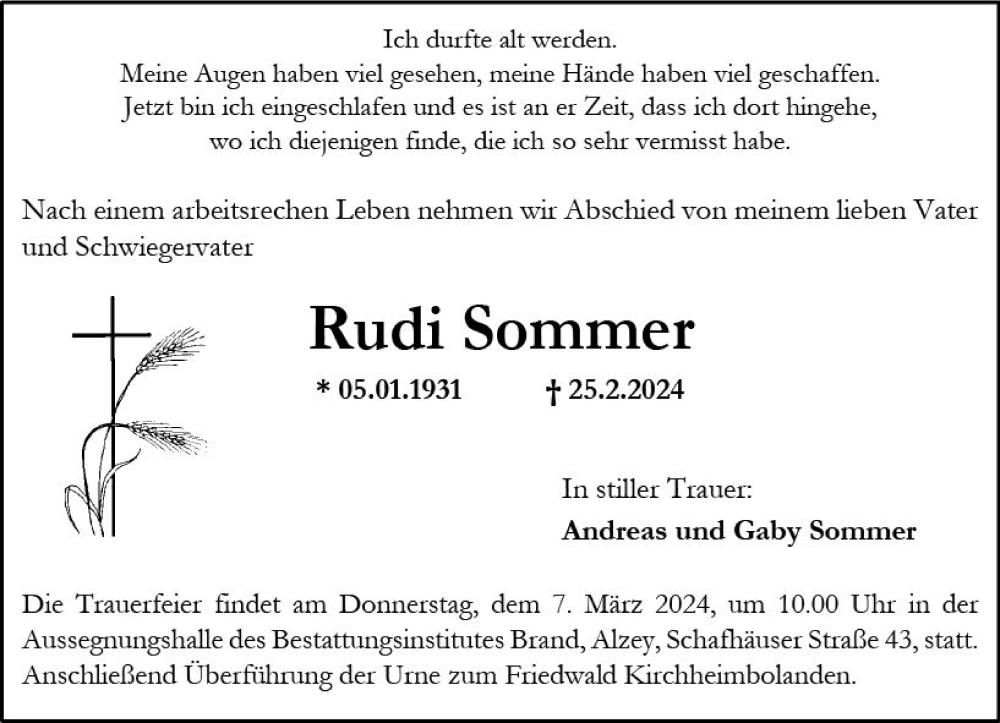 Traueranzeige für Rudi Sommer vom 02.03.2024 aus Allgemeine Zeitung Alzey