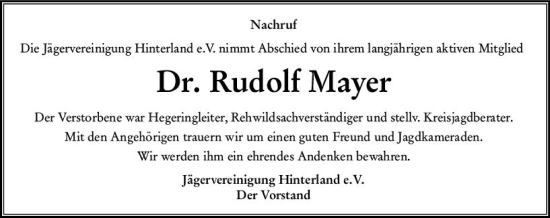 Traueranzeige von Rudolf Mayer von Hinterländer Anzeiger