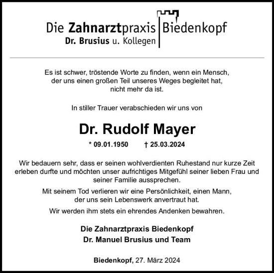 Traueranzeige von Rudolf Mayer von Hinterländer Anzeiger