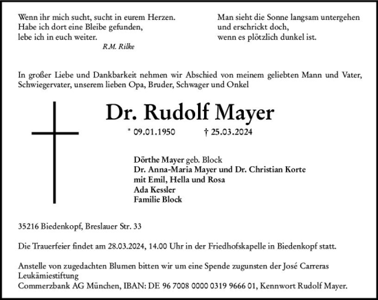 Traueranzeige von Rudolf Mayer von Hinterländer Anzeiger