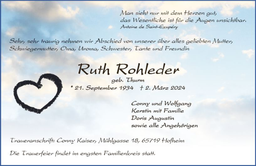  Traueranzeige für Ruth Rohleder vom 09.03.2024 aus Allgemeine Zeitung Mainz