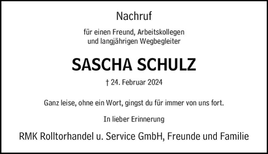 Traueranzeige von Sascha Schulz von Idsteiner Land/Untertaunus
