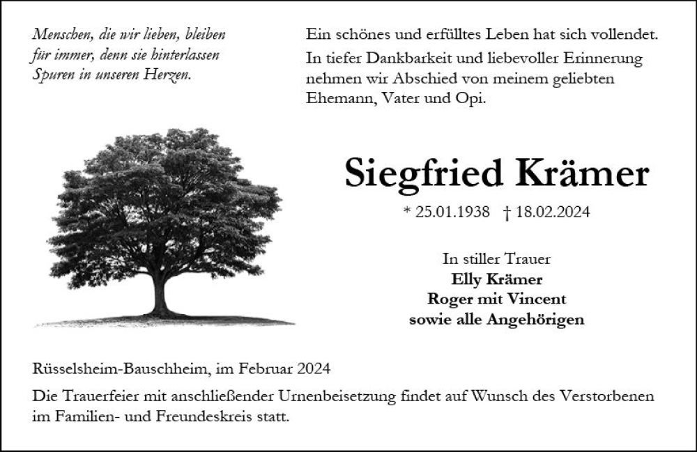  Traueranzeige für Siegfried Krämer vom 02.03.2024 aus Rüsselsheimer Echo