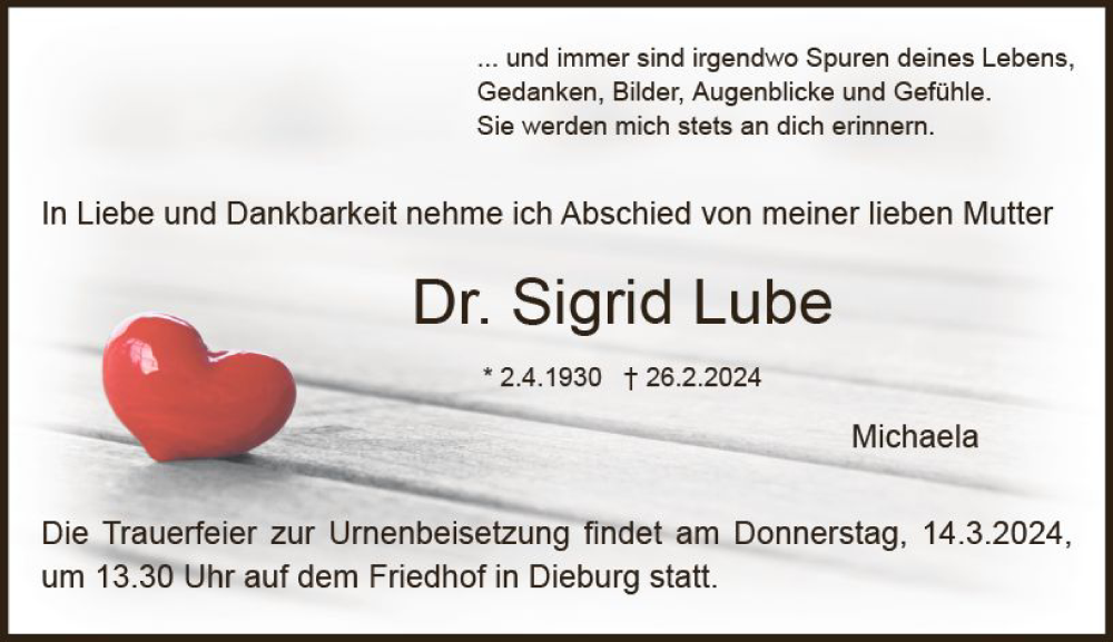  Traueranzeige für Sigrid Lube vom 09.03.2024 aus Dieburger Anzeiger/Groß-Zimmerner Lokal-Anzeiger