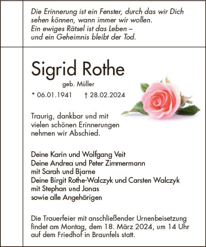  Traueranzeige für Sigrid Rothe vom 09.03.2024 aus Wetzlarer Neue Zeitung