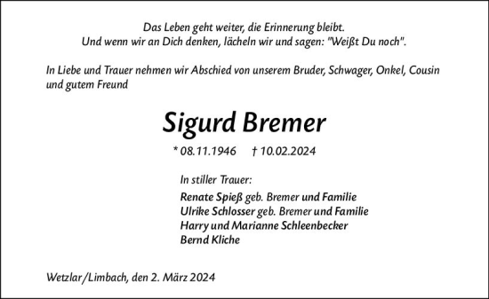 Traueranzeige von Sigurd Bremer von Wetzlarer Neue Zeitung