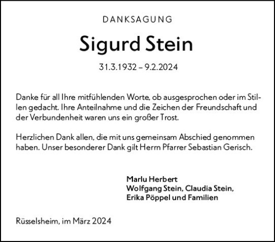 Traueranzeige von Sigurd Stein von Rüsselsheimer Echo