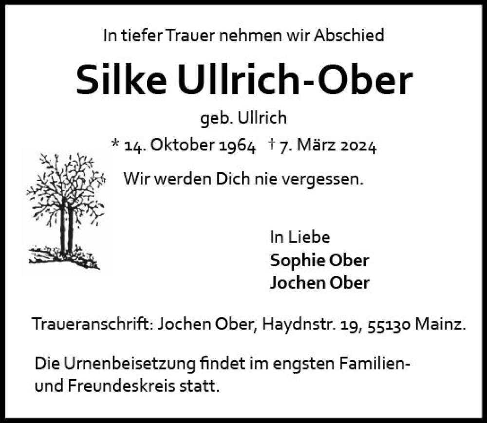  Traueranzeige für Silke Ullrich-Ober vom 16.03.2024 aus Allgemeine Zeitung Mainz