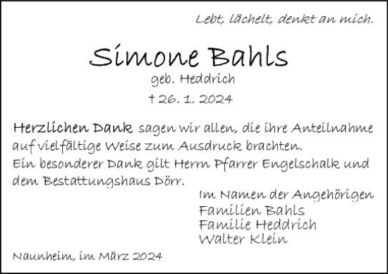 Traueranzeige von Simone Bahls von Wetzlarer Neue Zeitung