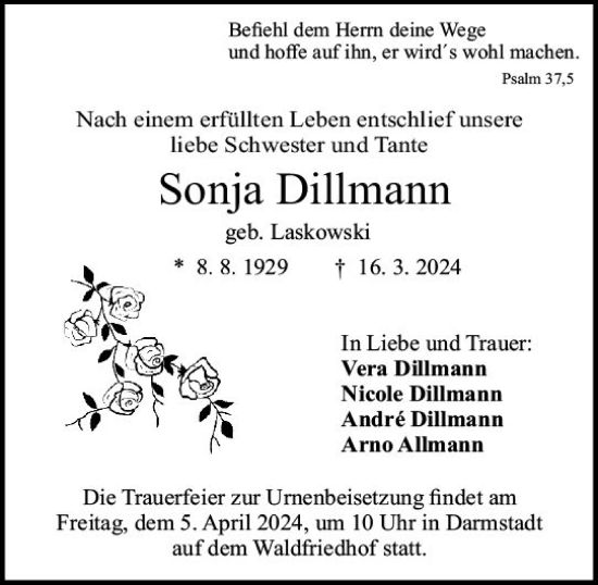 Traueranzeige von Sonja Dillmann von Darmstädter Echo