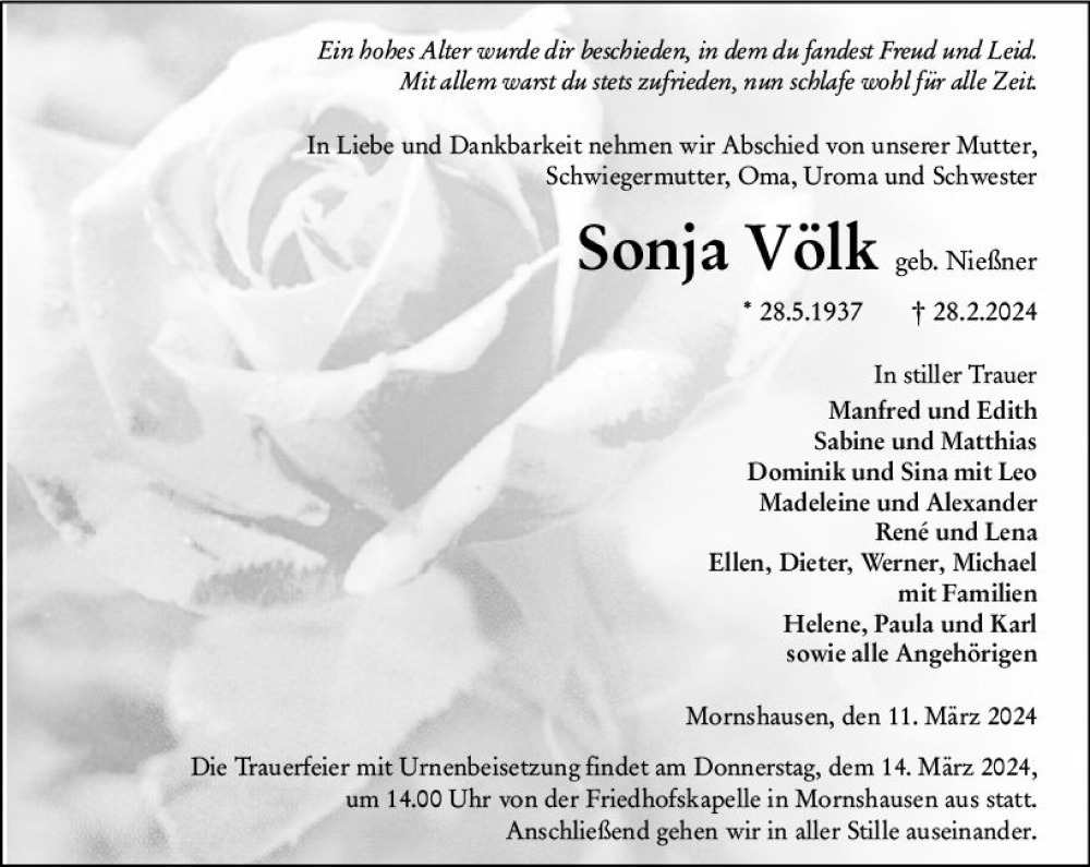  Traueranzeige für Sonja Völk vom 11.03.2024 aus Hinterländer Anzeiger