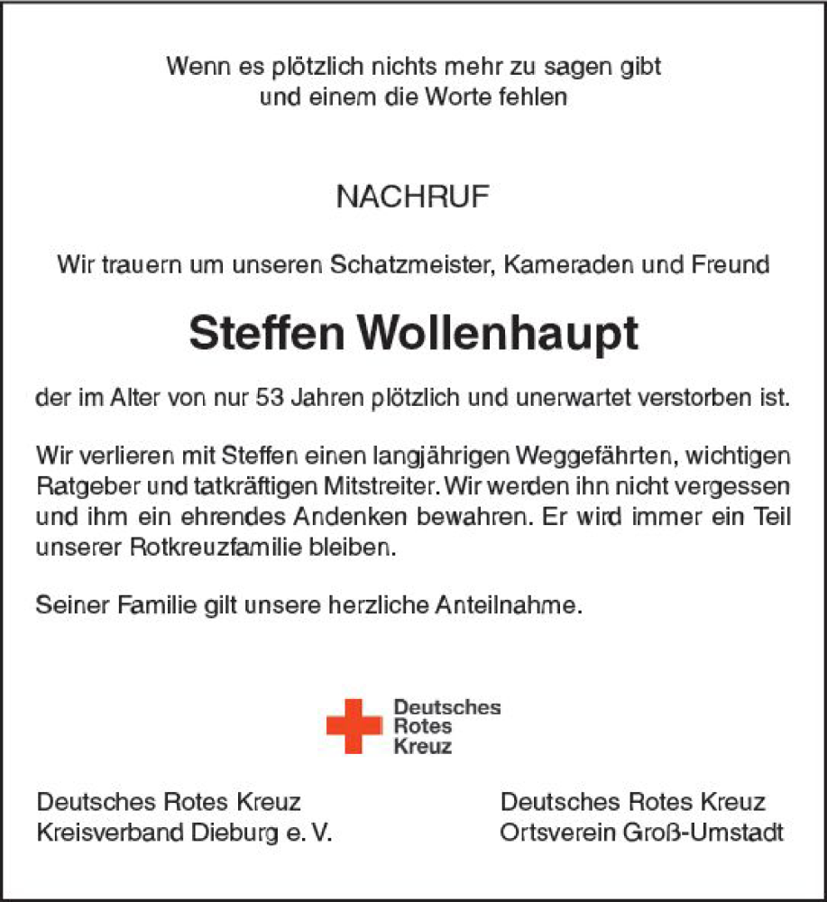  Traueranzeige für Steffen Wollenhaupt vom 22.03.2024 aus Darmstädter Echo