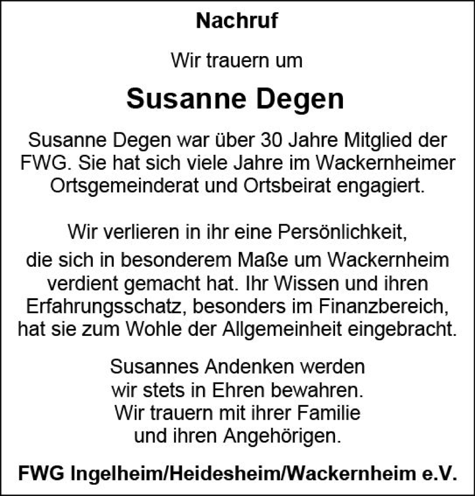  Traueranzeige für Susanne Degen vom 02.03.2024 aus Allgemeine Zeitung Bingen/Ingelheim