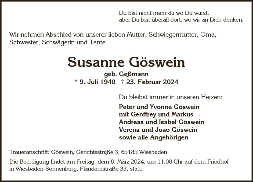  Traueranzeige für Susanne Göswein vom 02.03.2024 aus Wiesbadener Kurier