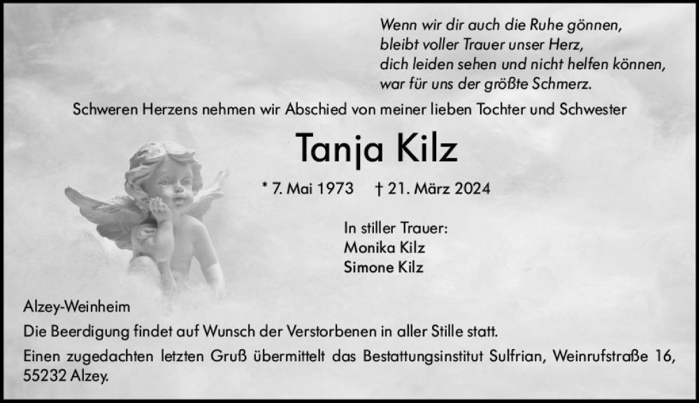  Traueranzeige für Tanja Kilz vom 30.03.2024 aus Allgemeine Zeitung Alzey