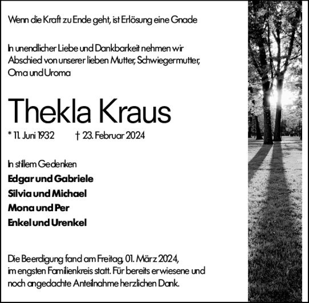  Traueranzeige für Thekla Kraus vom 09.03.2024 aus Odenwälder Echo