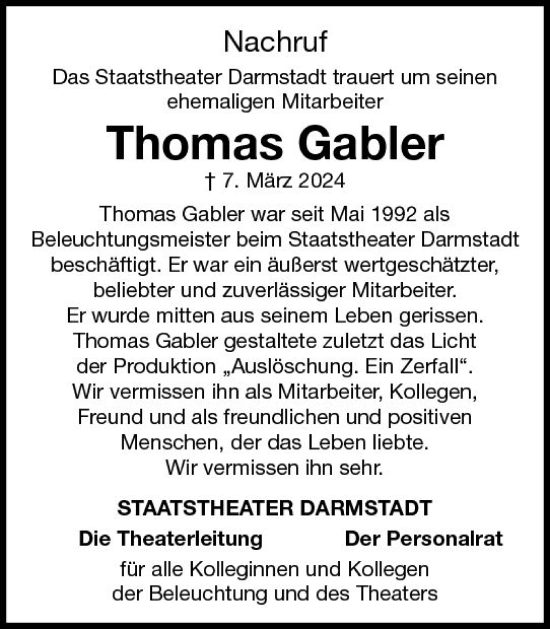 Traueranzeige von Thomas Gabler von Darmstädter Echo