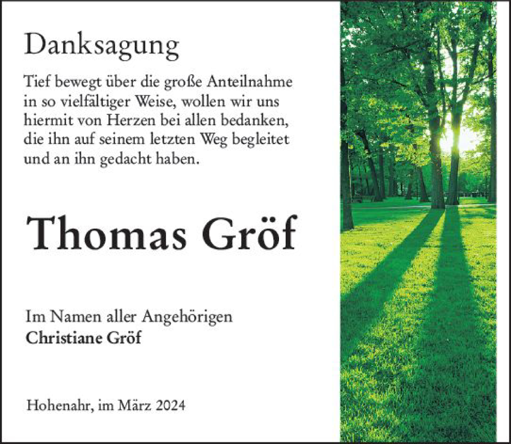  Traueranzeige für Thomas Gröf vom 30.03.2024 aus Wetzlarer Neue Zeitung
