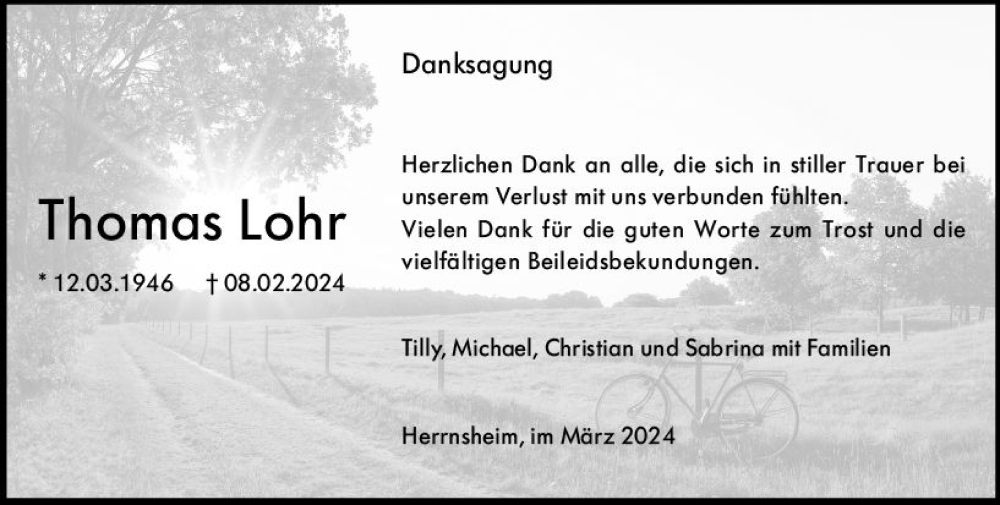  Traueranzeige für Thomas Lohr vom 16.03.2024 aus Wormser Zeitung