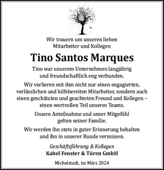 Traueranzeige von Tino Santos Marques von Odenwälder Echo
