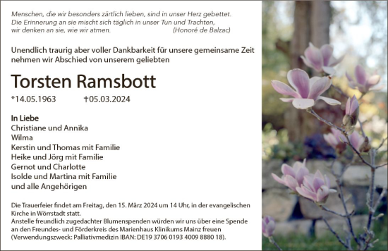Traueranzeige von Torsten Ramsbott von Allgemeine Zeitung Alzey