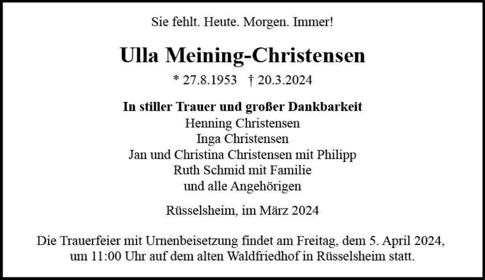  Traueranzeige für Ulla Meining-Christensen vom 30.03.2024 aus Rüsselsheimer Echo