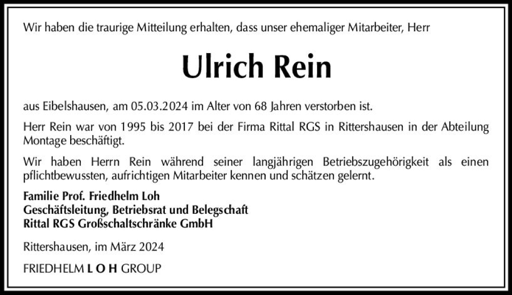  Traueranzeige für Ulrich Rein vom 11.03.2024 aus Dill Block