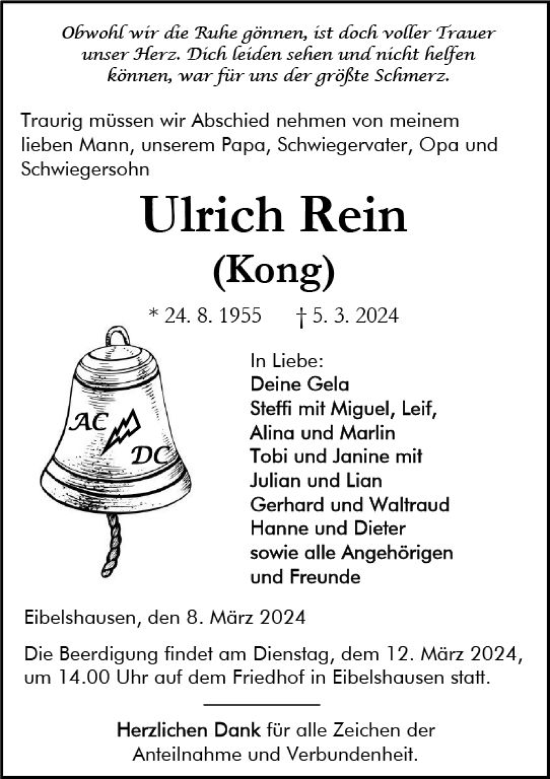 Traueranzeige von Ulrich Rein von Dill Block