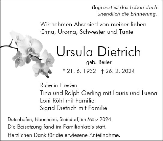 Traueranzeige von Ursula Dietrich von Wetzlarer Neue Zeitung