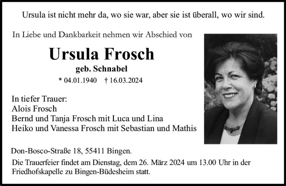  Traueranzeige für Ursula Frosch vom 23.03.2024 aus Allgemeine Zeitung Bingen/Ingelheim