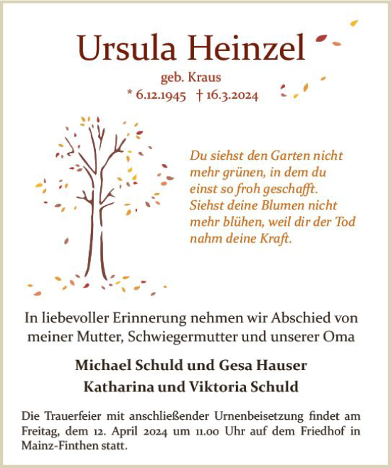 Traueranzeige von Ursula Heinzel von Allgemeine Zeitung Mainz