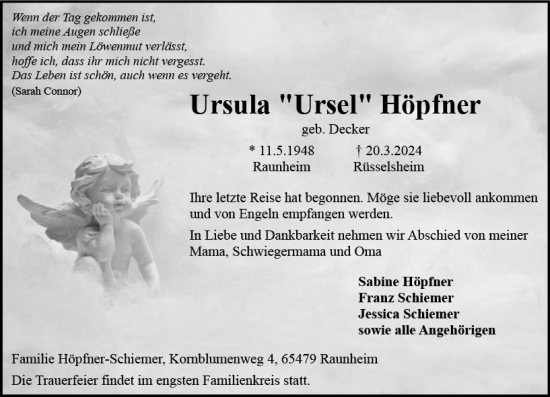 Traueranzeige von Ursula Höpfner von Rüsselsheimer Echo