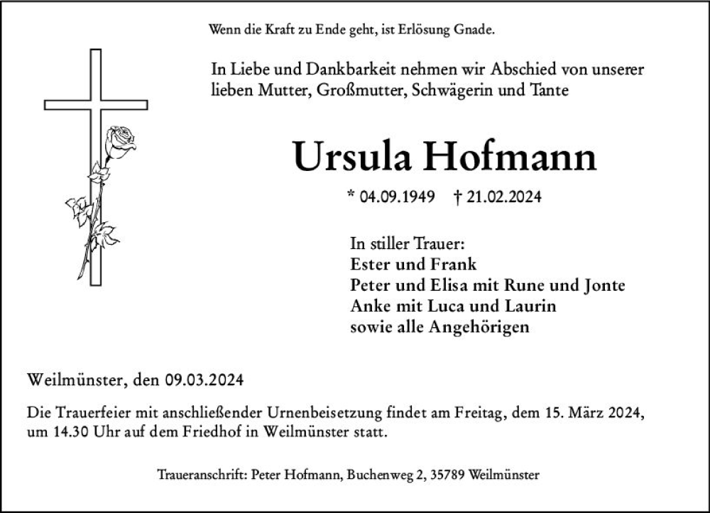  Traueranzeige für Ursula Hofmann vom 09.03.2024 aus Weilburger Tageblatt