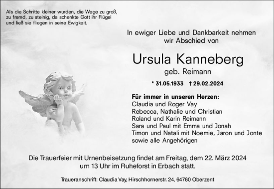 Traueranzeige von Ursula Kanneberg von Odenwälder Echo