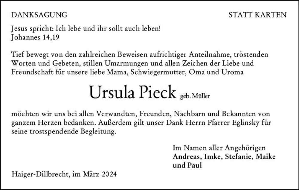  Traueranzeige für Ursula Pieck vom 02.03.2024 aus Dill Block