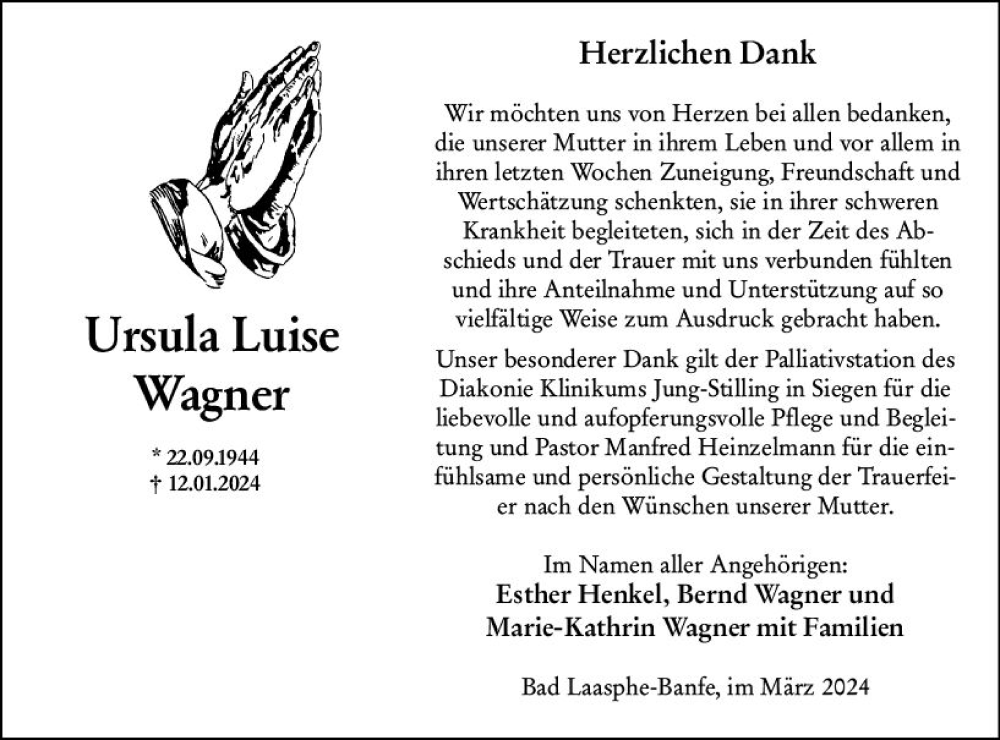  Traueranzeige für Ursula Luise Wagner vom 15.03.2024 aus Hinterländer Anzeiger