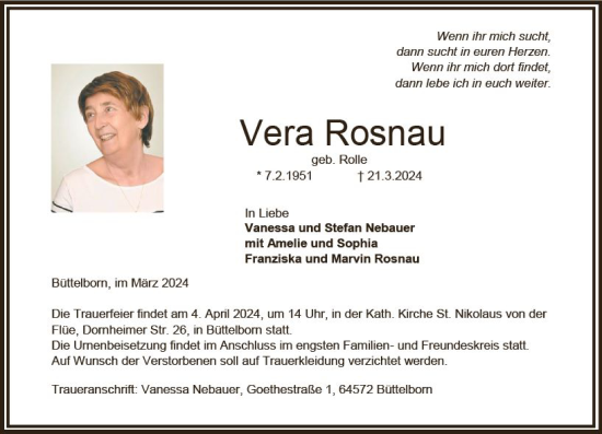 Traueranzeige von Vera Rosnau von Groß-Gerauer Echo