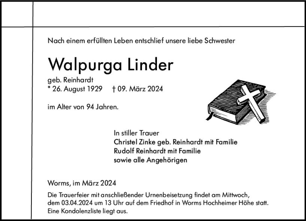  Traueranzeige für Walpurga Linder vom 30.03.2024 aus Wormser Zeitung