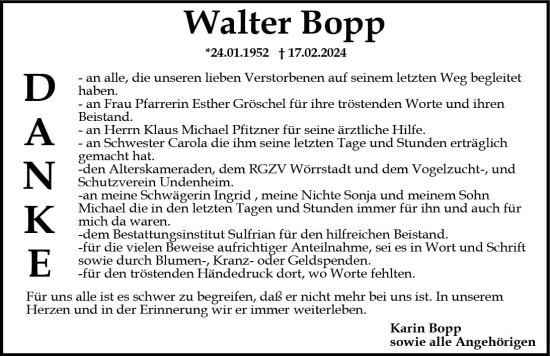 Traueranzeige von Walter Bopp von Allgemeine Zeitung Alzey