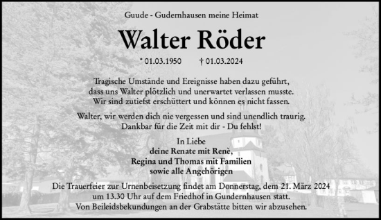 Traueranzeige von Walter Röder von Darmstädter Echo