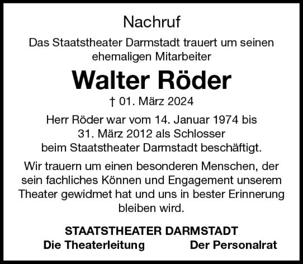  Traueranzeige für Walter Röder vom 16.03.2024 aus Darmstädter Echo