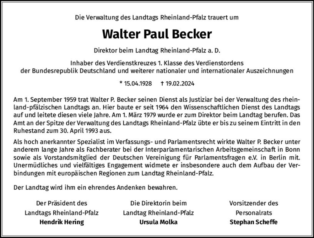  Traueranzeige für Walter Paul Becker vom 23.03.2024 aus Allgemeine Zeitung Mainz