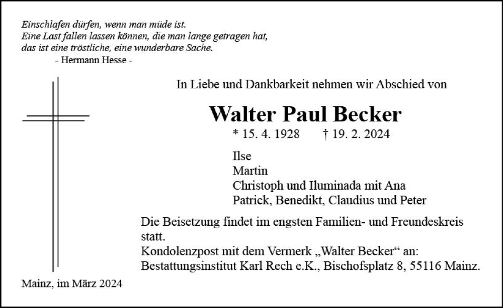 Traueranzeige für Walter Paul Becker vom 23.03.2024 aus Allgemeine Zeitung Mainz